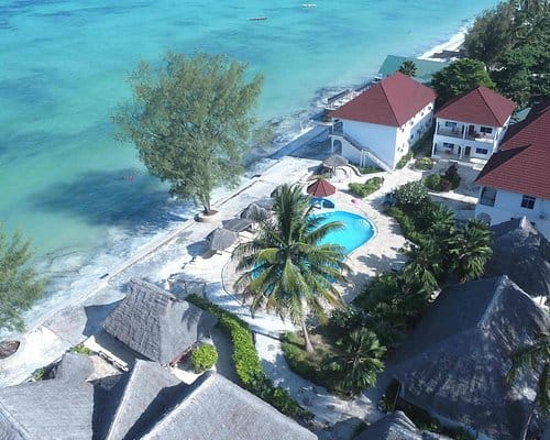 Aerial view of Visitor's Inn on the Jambiani beachfront, Zanzibar